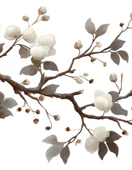 Delicados ramos floridos em aquarela com flores brancas e folhas em tons terrosos sobre fundo branco