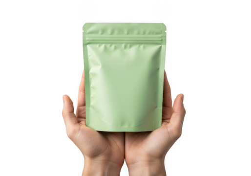 Mockup green pouch packaging in hands for food product, coffee, tea, snack, powder, or supplement presentation, branding, and design isolated on transparent background - Powered by Adobe