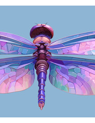 Ilustração vetorial detalhada de uma libélula com asas coloridas em tons pastel sobre fundo azul claro.