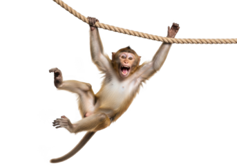 Excited monkey hanging on rope png, wildlife animal primate clipart, jungle mammal vector graphics, funny ape isolated on transparent background