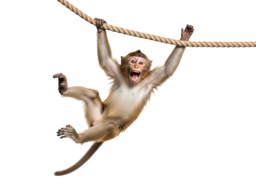 Excited monkey hanging on rope png, wildlife animal primate clipart, jungle mammal vector graphics, funny ape isolated on transparent background