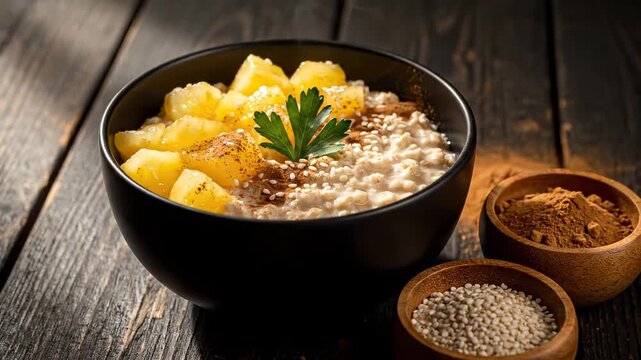 Healthy breakfast bowl with oatmeal and tropical fruits. Fresh pineapple chunks add sweetness. Nutritious and delicious start to day. Perfect for meal prep.