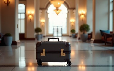 A lost suitcase in a airport or elegant hotel lobby. High quality