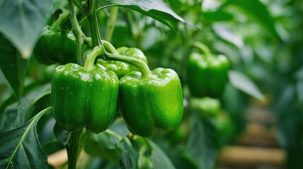 Fresh green bell peppers hang from plants in a greenhouse filled with lush greenery.