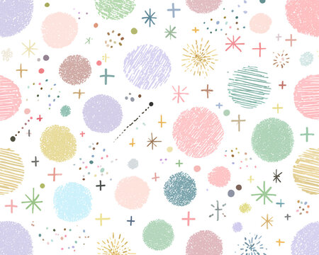 Padr&atilde;o de vetor de bolinhas e estrelas coloridas em aquarela, com textura de rabisco, para design infantil.
