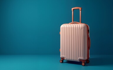 Bright and stylish cabin size suitcase as holiday concept against dark blue background, copy space. Easy travel with little baggage. High quality