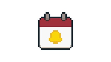 8-bit pixel art red retro calendar with yellow bell icon. looped animation 4k 30fps