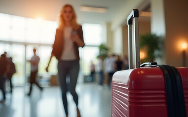 Close-up of luggage and blurred background of a happy tourist woman in a hotel after check-in. The concept of travel and vacation. She reports that she arrived safely via her smartphone. High quality