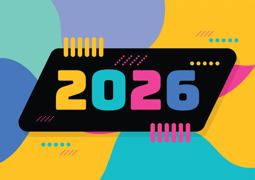 2D Number 2026 with a black parallelogram on a colorful background. New Year concept.