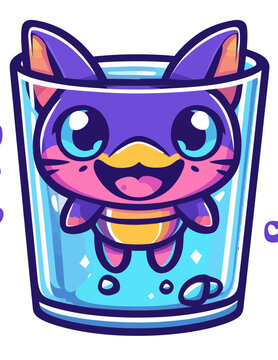 Personagem de gato violeta fofo dentro de um copo de &aacute;gua com bolhas, arte vetorial estilizada.