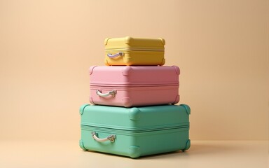 A stack of luggage with a variety of colors including pink, green, yellow. High quality
