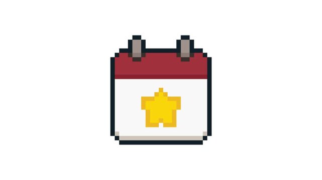 8-bit pixel art red retro calendar with star icon. looped animation 4k 30fps