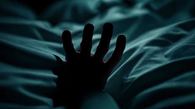 A dark scene with a single hand emerging from a bed, surrounded by soft, rumpled bedding. The atmosphere is eerie and mysterious, evoking a sense of unease.