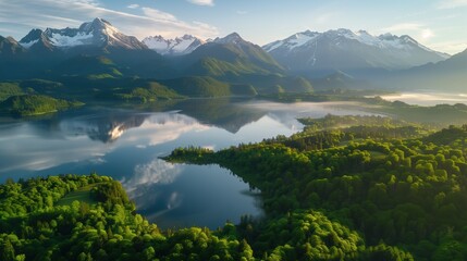 Obraz premium International Day for Biosphere Reserves. a pristine mountain biosphere reserve at golden hour, lush green forests covering rolling hills, crystal clear lake reflecting snow-capped peaks