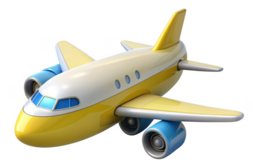 Cartoon airplane yellow and white with blue engines vector graphic illustration for kids and travel isolated on transparent background