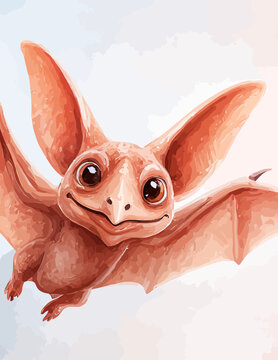 Vetor de morcego ador&aacute;vel com grandes orelhas voando em um c&eacute;u claro e sonhador, ilustra&ccedil;&atilde;o infantil