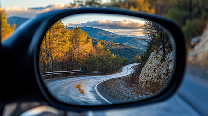 clear mirror view and the blurred surroundings, symbolizing reflection, journey, and perspective. The soft lighting and realistic detail evoke a sense of motion, nostalgia, and the passage of time thr