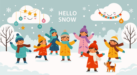 Kids Playing in Snow Winter Fun with Happy Children