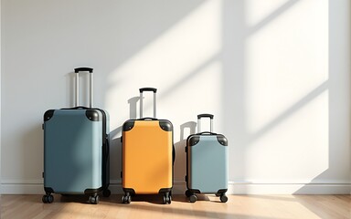 Modern suitcases on floor near light wall. Space for text. High quality