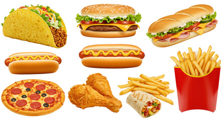 Photorealistic flat lay of diverse fast food items: taco, burger, sub, pizza, hot dog, fried chicken, golden fries, on a transparent studio background, brightly lit. Concept of tempting fast food