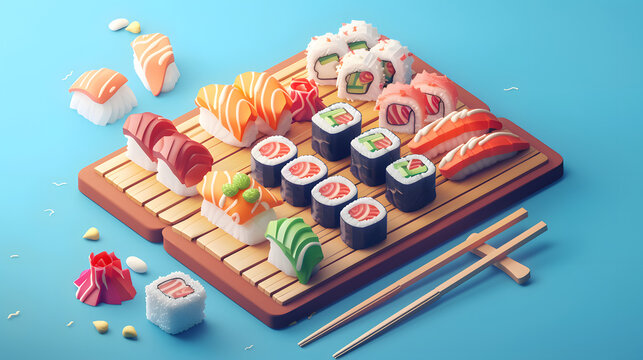 3d Isometric Sushi platter nigiri maki rolls