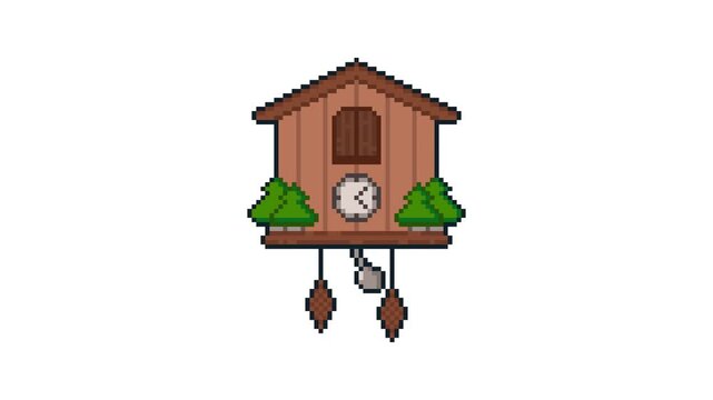 8-bit pixel art cuckoo clock pendulum move. looped animation 4k 30fps
