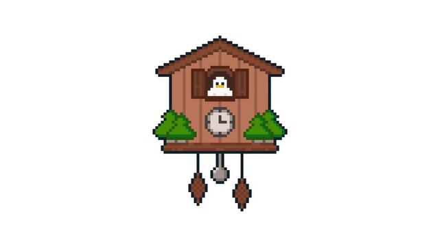 8-bit pixel art cuckoo bird pops out of cuckoo clock. looped animation 4k 30fps