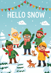 Joyful group of diverse children and playful dogs celebrating winter with snow activities in a festive, cheerful outdoor scene