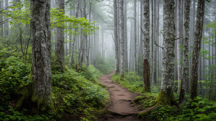 Obraz premium 霧漂う樹林の秘密の小径の描写