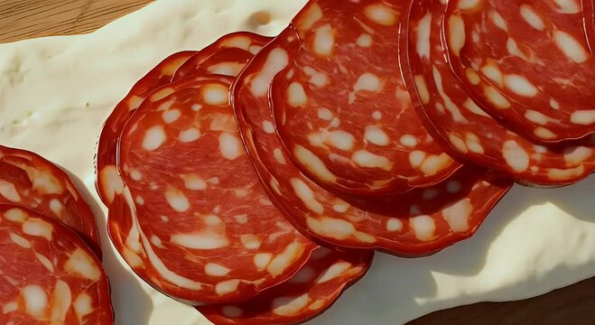 Sliced Salami and Cheese on Wooden Board with White Plate and Table