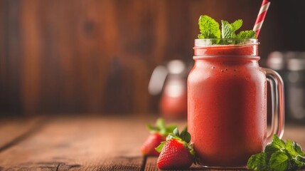 Fresh strawberry smoothie served in a mason jar with mint leaves