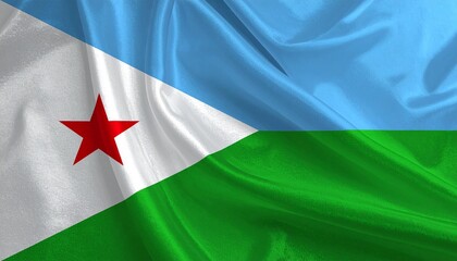 Djibouti flag with blue-green stripes, white triangle, and red star.
