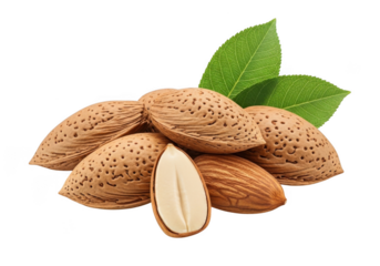 Pile of fresh almonds with green leaves, healthy snack, raw food, vegan diet, nutritious ingredient, isolated on transparent background