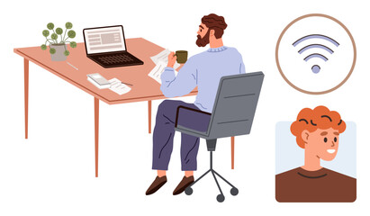 Bearded man holding coffee mug while working on laptop at desk, video call contact, wireless signal icon. Ideal for remote work, communication, technology, collaboration, freelance, video chat