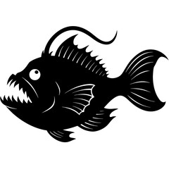 Fierce black silhouette of a piranha fish with sharp teeth