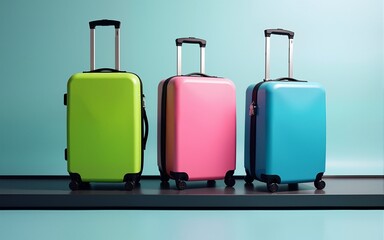 Bright green, pink and blue suitcases on luggage conveyor belt. High quality