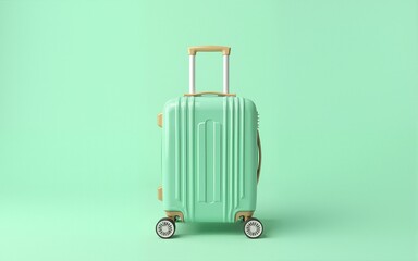pastel green luggage for travel on light green background. High quality