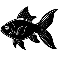 Black silhouette of a goldfish with white outline details