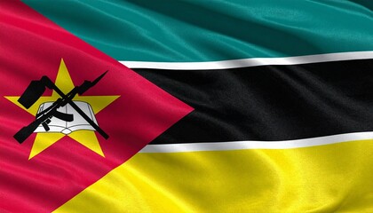 Mozambique flag with red triangle, green-black-yellow stripes, star, book, hoe, and rifle emblem.