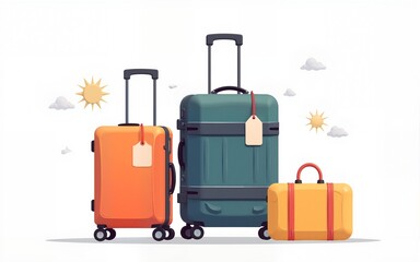 Wheel luggage for travel. Modern suitcases with handle, baggage tags and stickers. Holiday bags. Tourists packages. Flat vector illustration isolated on white background. High quality