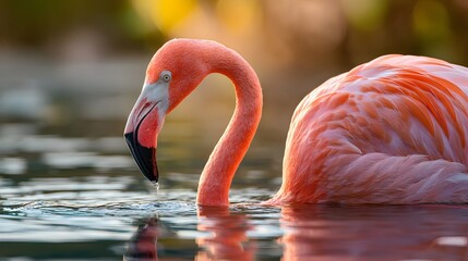Obraz premium Graceful flamingo captured feeding in lagoon with soft focus background