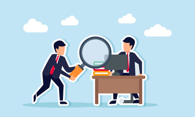 Businessman holding a magnifying glass observing another businessman working at a desk illustration of analysis and evaluation of business partner performance