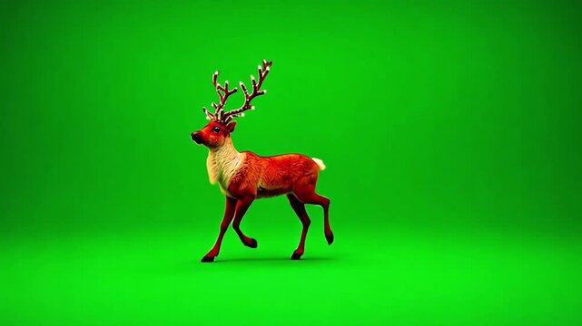 A realistic reindeer with antlers walks on a bright green background. The animal has a reddish-brown coat and a white patch on its neck. dancing