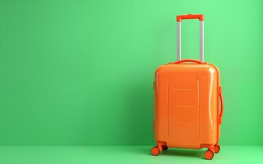 Lush orange luggage ready for going travel on green background, with copy space, bright color backgrounds. High quality