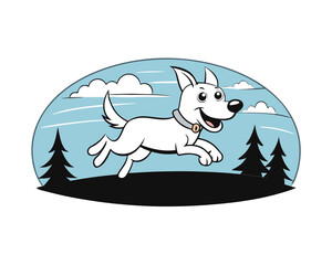 Happy cartoon white dog running through a forest silhouette isolated on white background silhouette