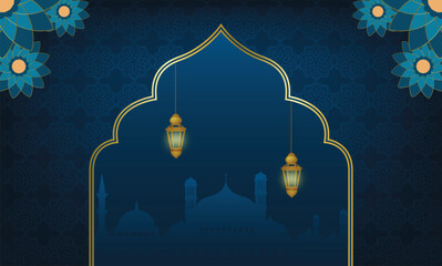 Islamic greetings design template background with beautiful lanterns and mosque © Izza