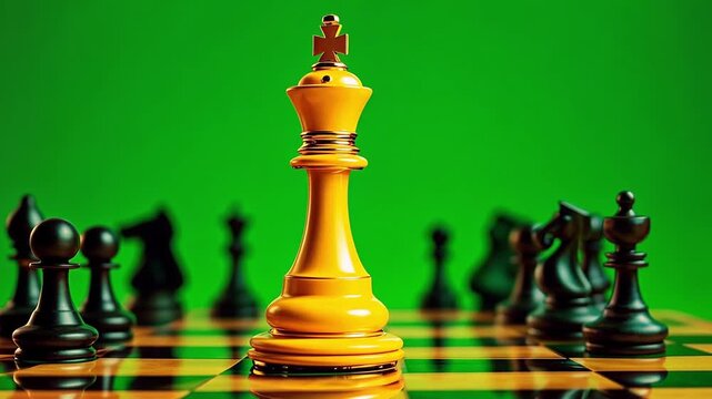 A close-up of a yellow king chess piece surrounded by black pieces on a chessboard. The background is a vibrant green, emphasizing the game of strategy.