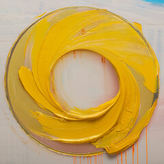 A circle painted with yellow paint. Geometry, shape, expression. Dripping paint.