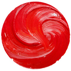A circle painted with intense red paint. Geometry, shape, element, texture. Glossy surface. On a transparent background.