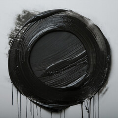A circle painted with black paint. Geometry, shape, expression. Dripping paint. Shiny surface.